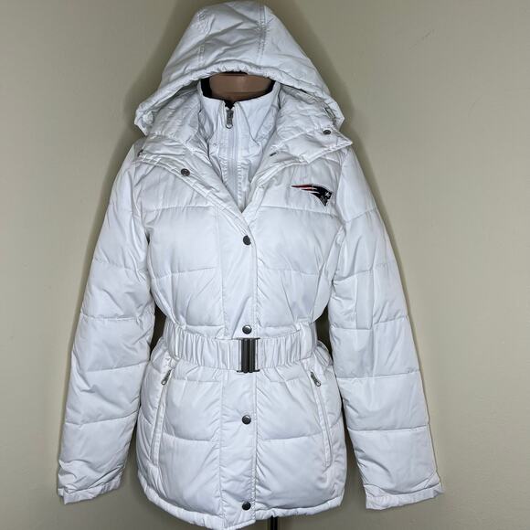 NFL New England Patriots Puffer Jacket Womens Medium Belted Hooded Fleece Parka - Picture 1 of 15